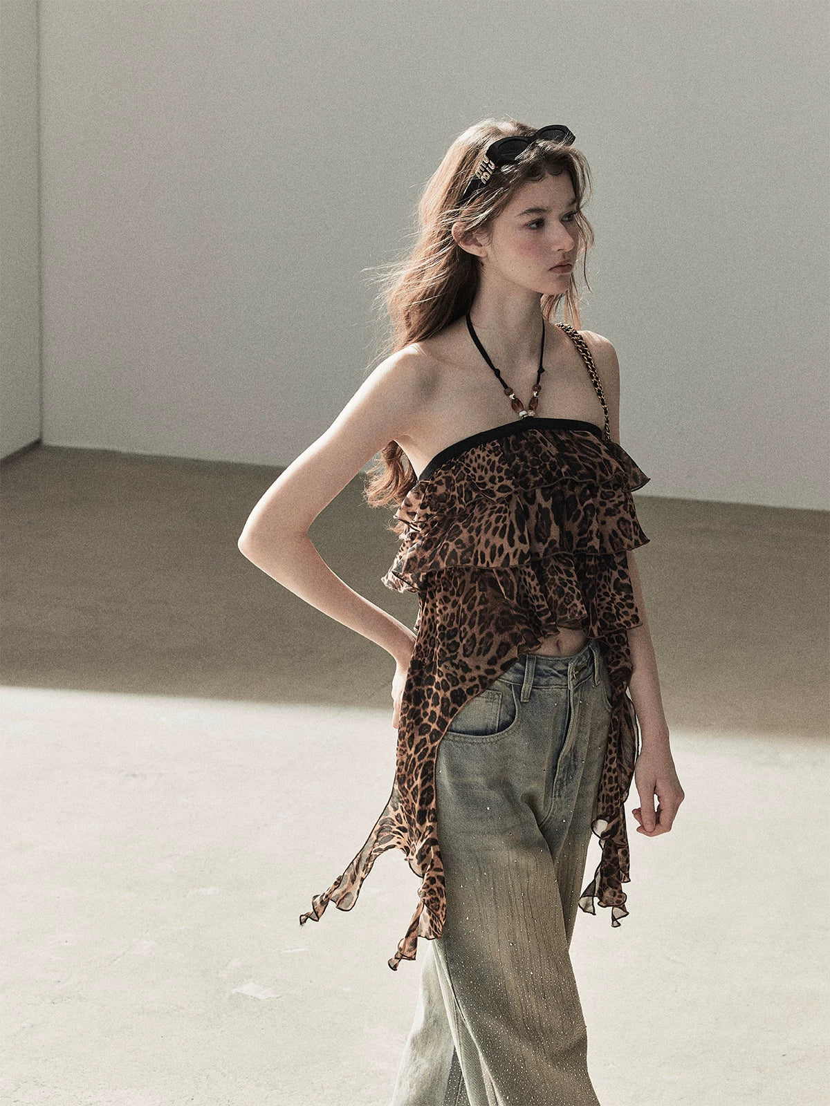 "Chasing the Sunset" Chestnut Brown Leopard Halter Ruffle Crop Top