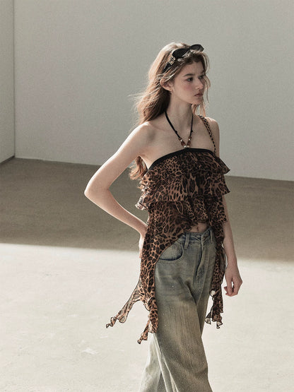 "Chasing the Sunset" Chestnut Brown Leopard Halter Ruffle Crop Top