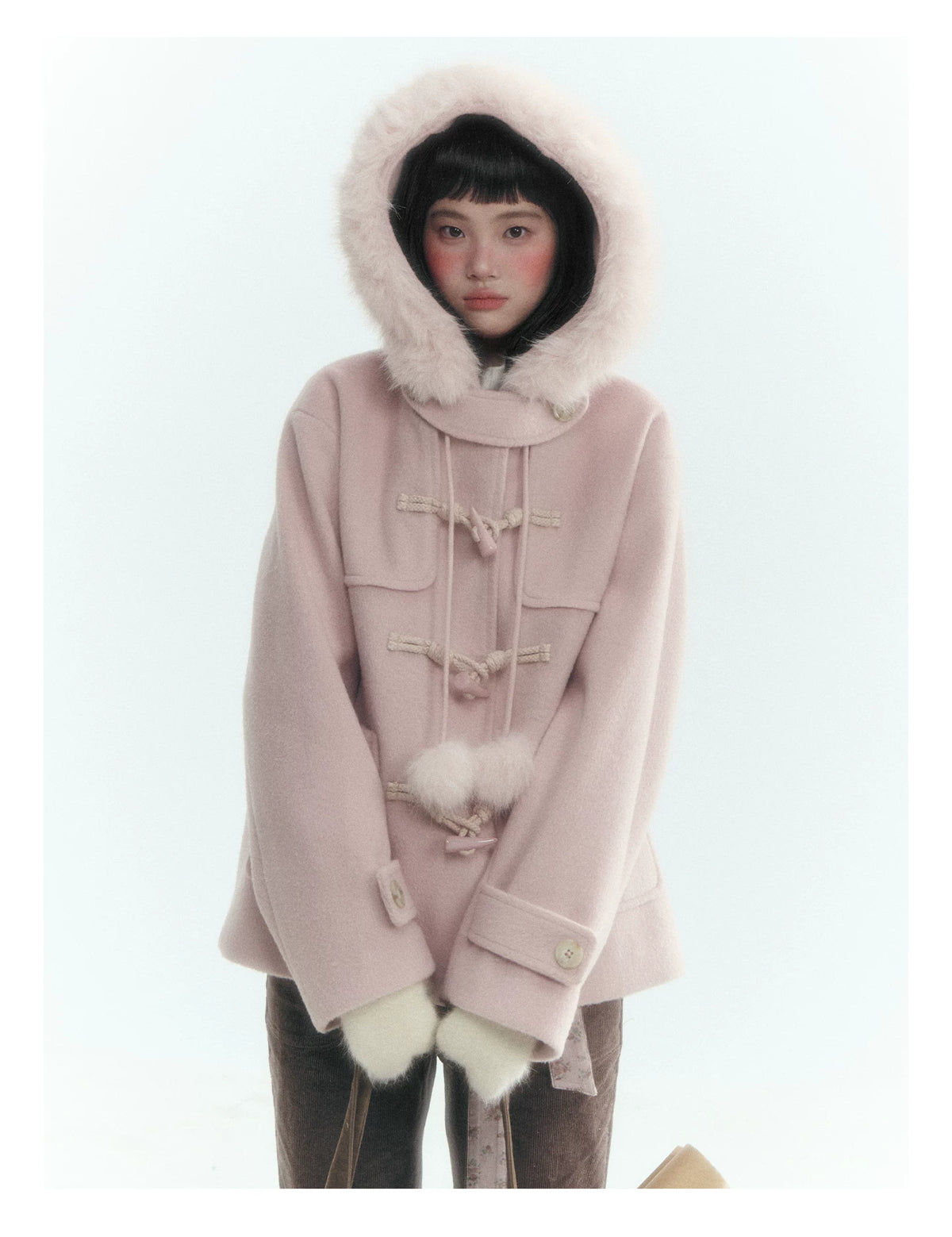 Horridale - Preppy Hooded Wool-Blend Duffle Coat with Pom-Pom Details – Mist Pink