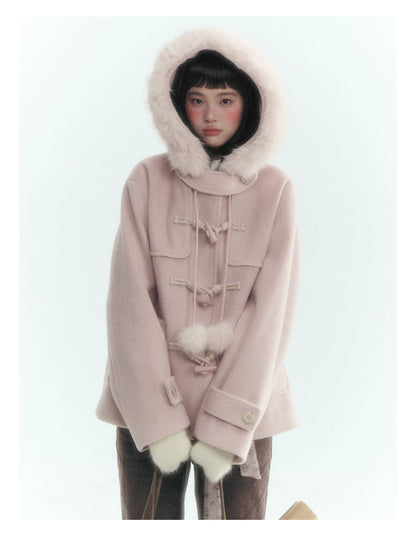 Horridale - Preppy Hooded Wool-Blend Duffle Coat with Pom-Pom Details – Mist Pink