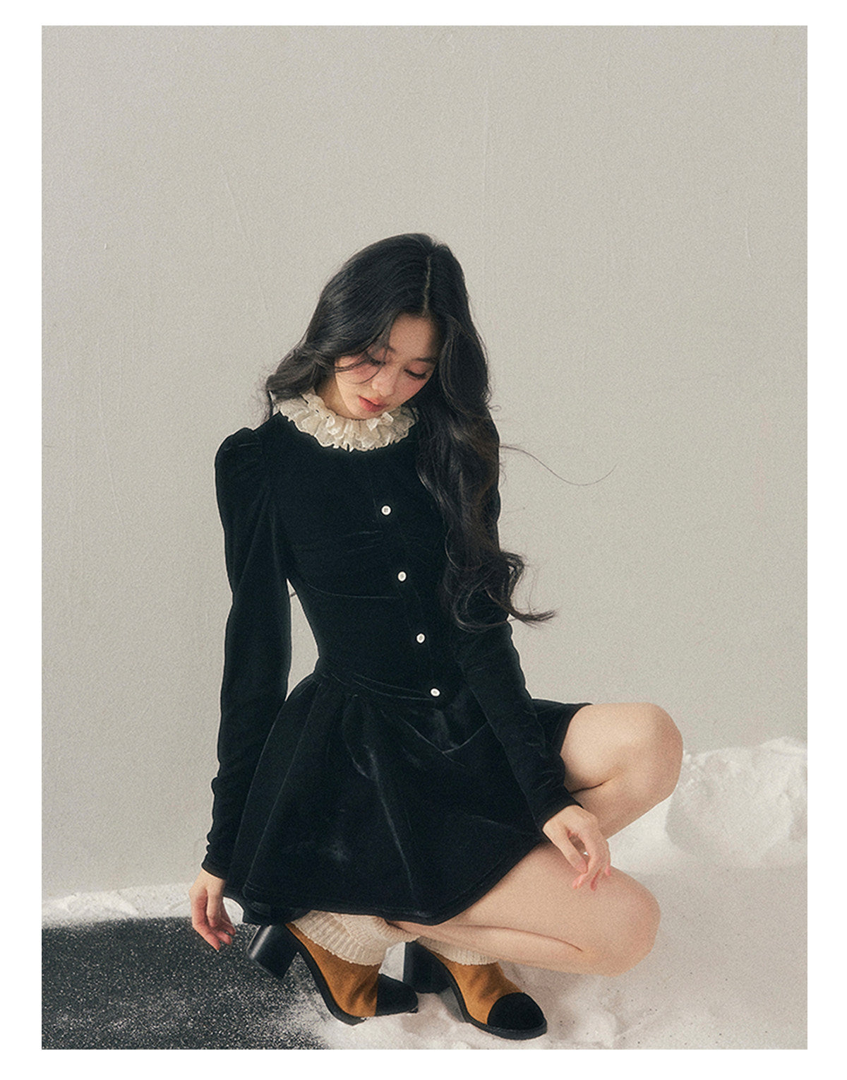 040126 "The Bladette Heiress" French Lace-Trim Velvet Mini Dress