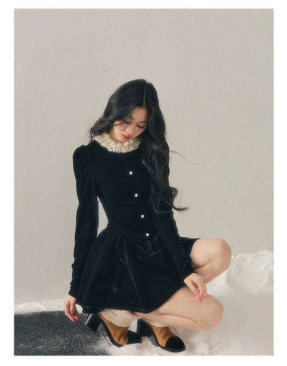 040126 "The Bladette Heiress" French Lace-Trim Velvet Mini Dress
