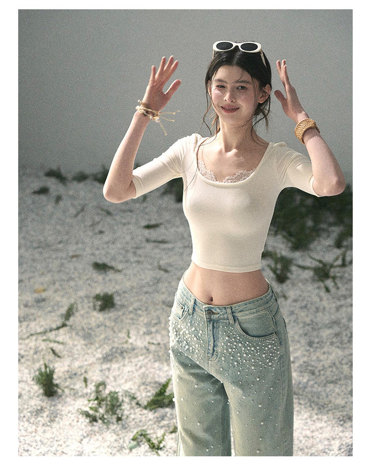 “Soft Winds in Lace” Ivory Lace Trim Fitted Top