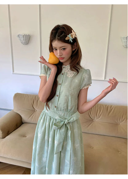 “Sage Meadow Reverie” Sage Green Embroidered Shirt Dress