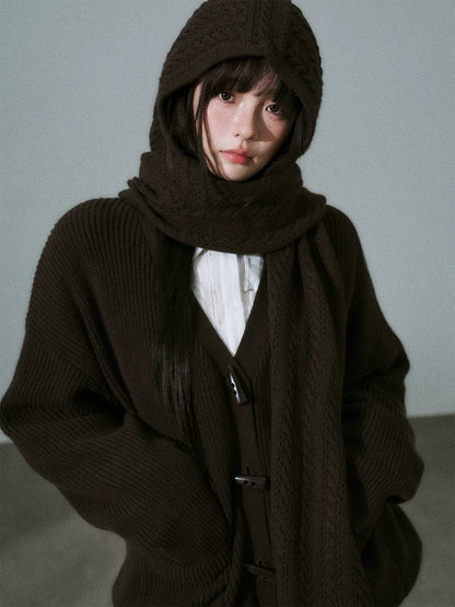 LOST FOREST - Deep Brown Wool-Blend Hooded Scarf Cardigan Set