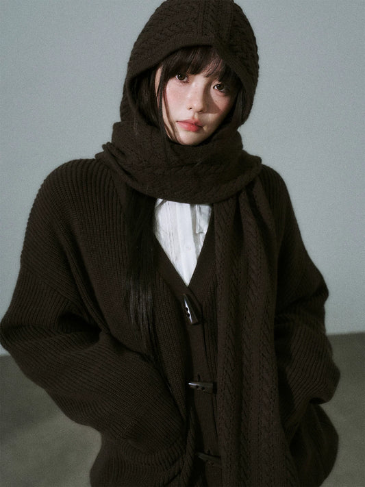 LOST FOREST - Deep Brown Wool-Blend Hooded Scarf Cardigan Set