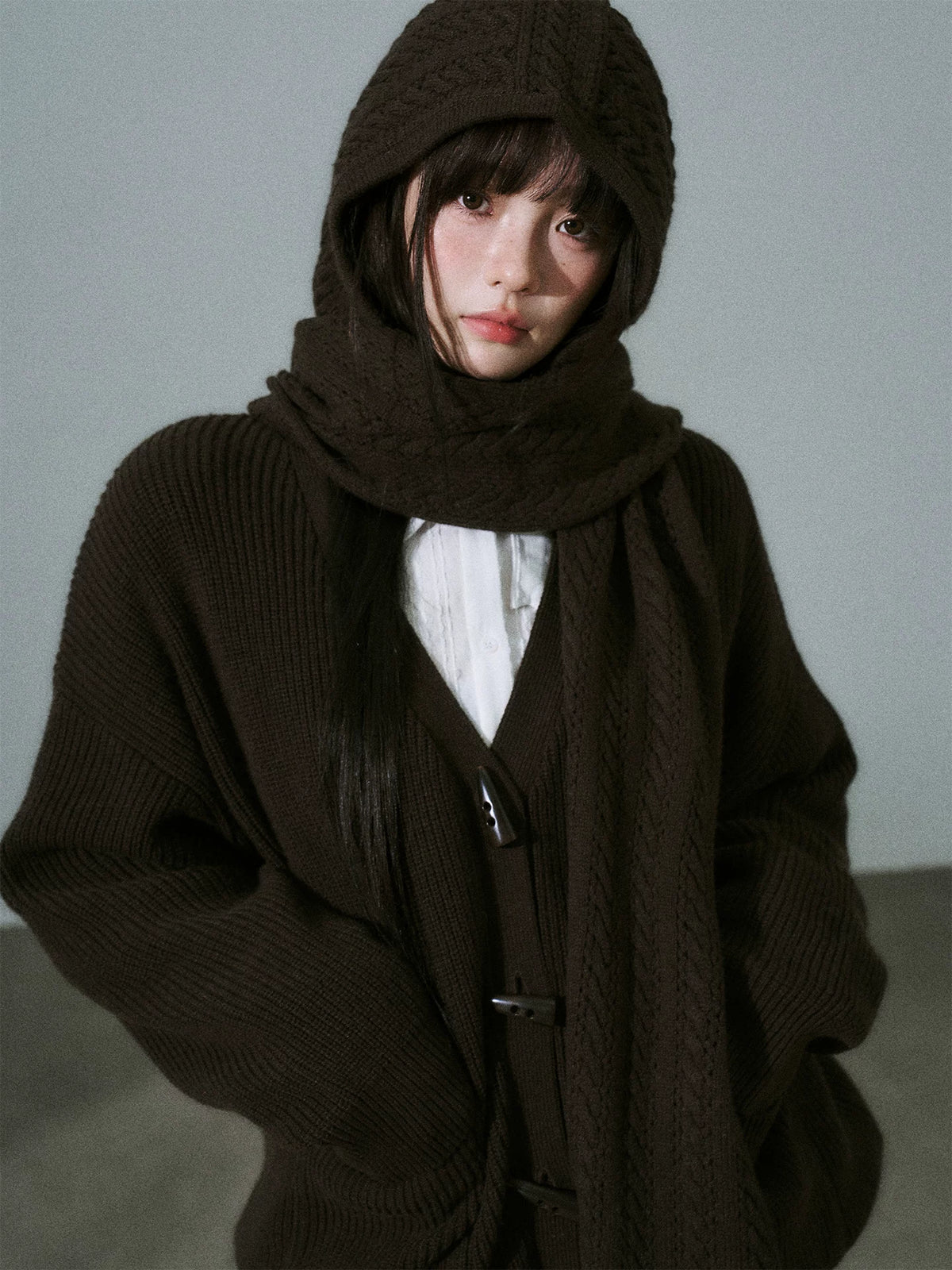 LOST FOREST - Deep Brown Wool-Blend Hooded Scarf Cardigan Set