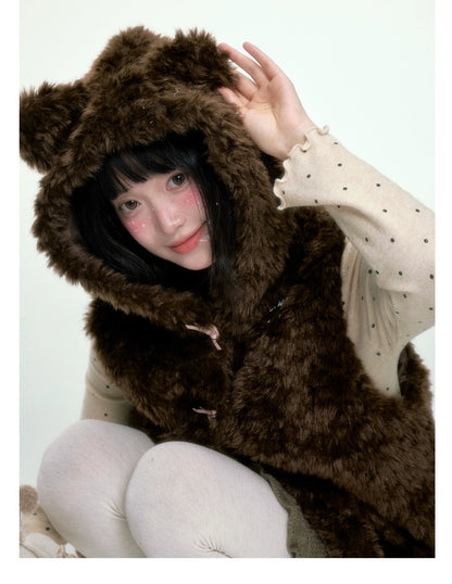 BIBIBENCY - Brown Faux Fur Hooded Vest with Toggle Closures