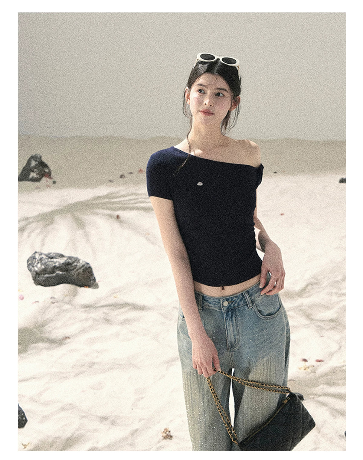 "Shape of the Wind" Navy Blue One-Shoulder Twist Crop Top 6556585