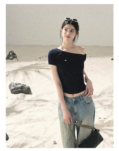 "Shape of the Wind" Navy Blue One-Shoulder Twist Crop Top 6556585