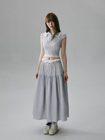 LOST FOREST - Gray Blue Fitted Top & Low-Waist Skirt Set