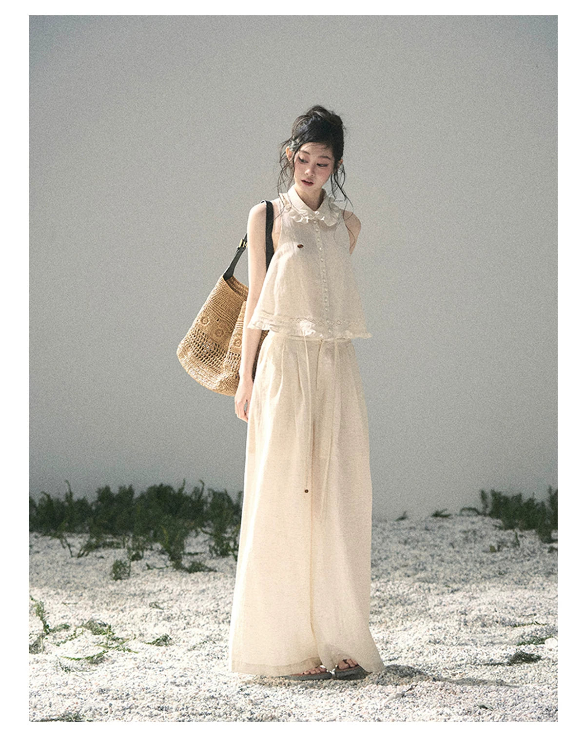 "Soft Cloud Reverie" Dutch Cream Lace Top & Bubble Skirt & Wide-Leg Pants Set 5468465