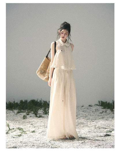 "Soft Cloud Reverie" Dutch Cream Lace Top & Bubble Skirt & Wide-Leg Pants Set 5468465