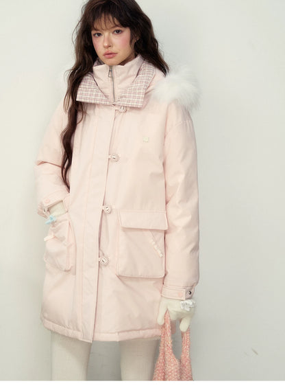SunsetPark - Blush Pink & Plaid 90% White Duck Down Puffer Jacket (Short / Long / Navy / Glacier Blue)