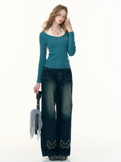 ZiziFei - Y2K Layered Long Sleeve Tee – Teal Fitted Top with Lace-Trim Camisole Detail