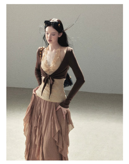 AOMALM - "Tender in This Moment" Rich Cocoa Faux Two-Piece Lace Top