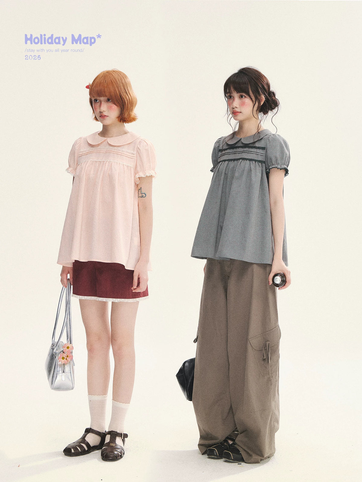 "Sweet Silhouette" Plaid Lace Trim Puff Sleeve Peter Pan Collar Blouse (Red Blue / Red White)
