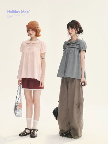 "Sweet Silhouette" Plaid Lace Trim Puff Sleeve Peter Pan Collar Blouse (Red Blue / Red White)