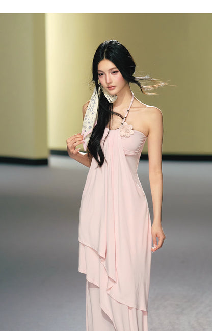 "Moonlit Reverie" Halter Layered Maxi Dress (Black/ Blush Pink)