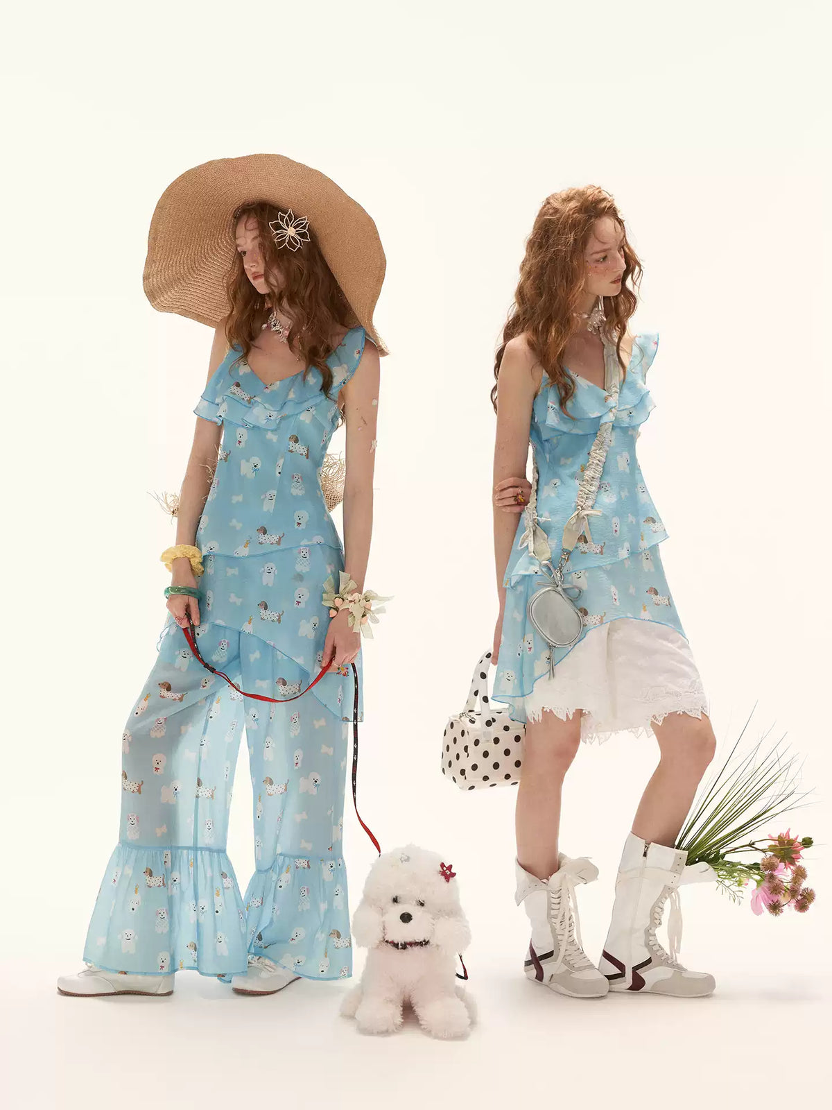 MAMC - Sky Blue Puppy Print Ruffle Cami & Wide-Leg Pants Set WE969