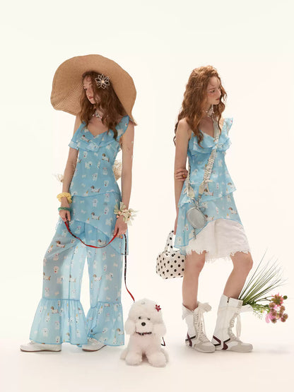 MAMC - Sky Blue Puppy Print Ruffle Cami & Wide-Leg Pants Set WE969