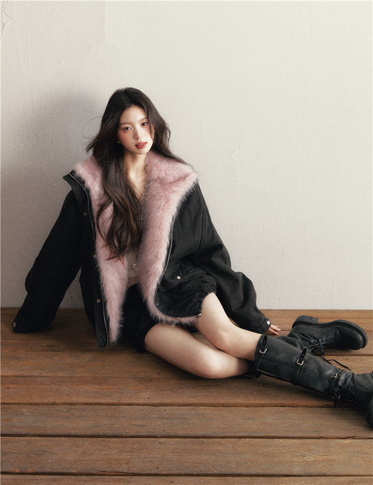 1P - “Kill This Love” Faux Fur-Collar Washed Cotton Padded Jacket