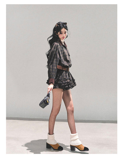 少也眼 “Trajectory of the Sunset” Plaid Polo Shirt Dress with Belt – Mocha Brown 7687648