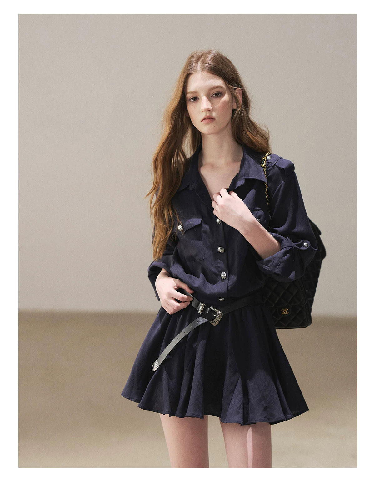 AOMALM - "Moonlight Sinks into the Sea" High-Intellect Utility Shirt Dress (Plain White / Navy Blue, with Belt & Optional Shawl)