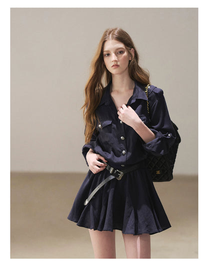 AOMALM - "Moonlight Sinks into the Sea" High-Intellect Utility Shirt Dress (Plain White / Navy Blue, with Belt & Optional Shawl)