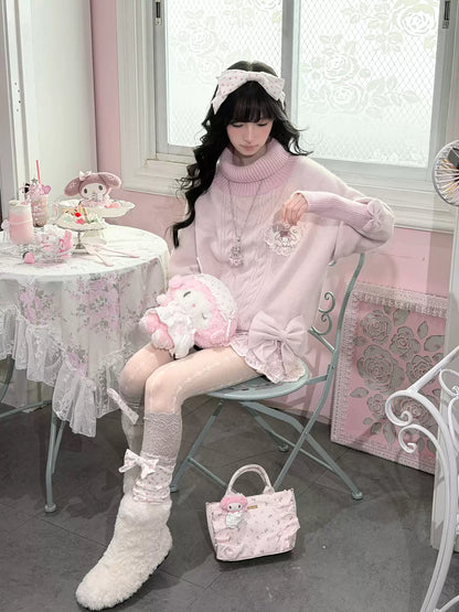 KYOUKO - My Melody Pink High-Neck Cable-Knit Sweater and Lace Tiered Skirt Set