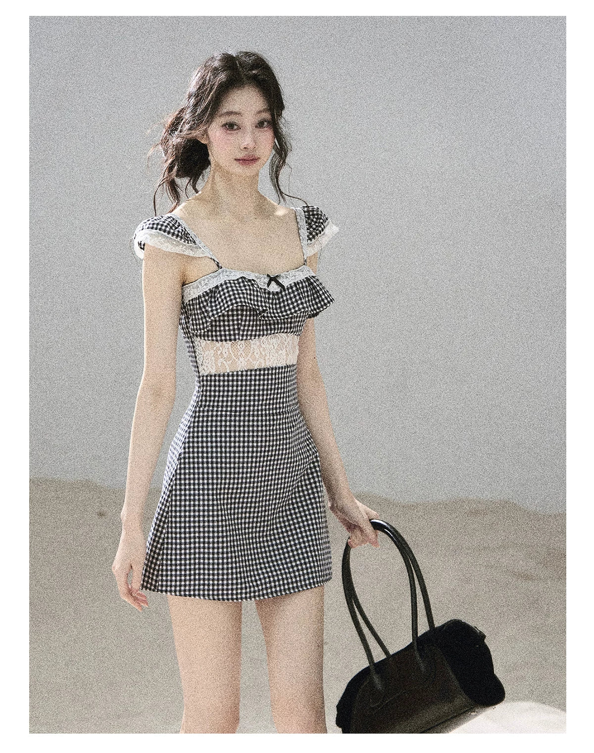 "Her in the Old Film" French Lace Plaid A-Line Mini Dress