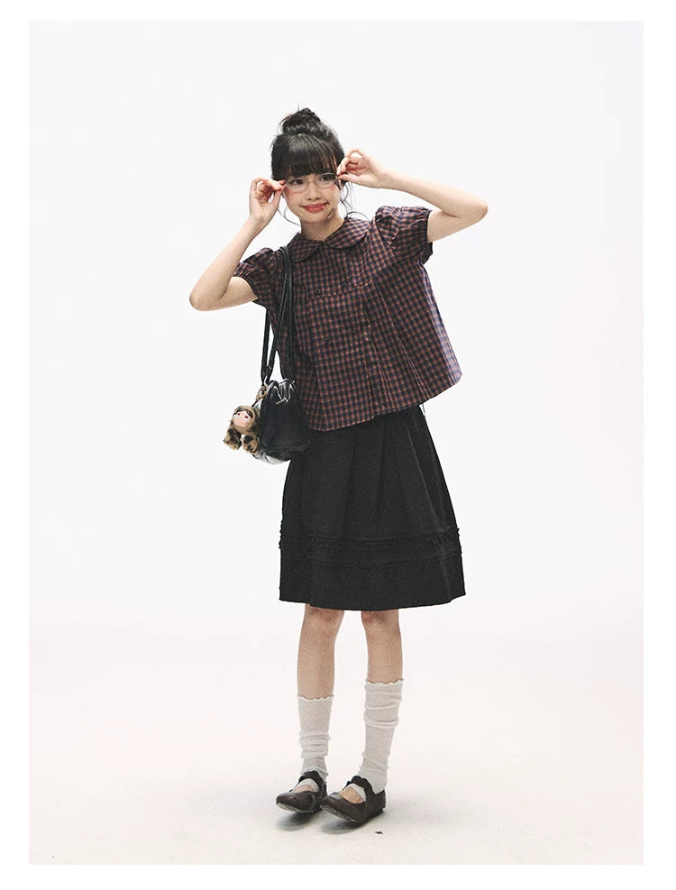 "Retro Plaid Sweetheart" Navy Orange Check Cotton Peter Pan Collar Blouse