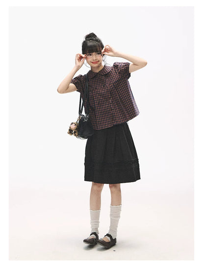 "Retro Plaid Sweetheart" Navy Orange Check Cotton Peter Pan Collar Blouse