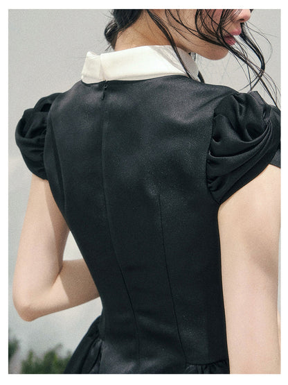 少也眼 “Satin Poise” Tranquil Black Puff Sleeve French A-Line Dress 145
