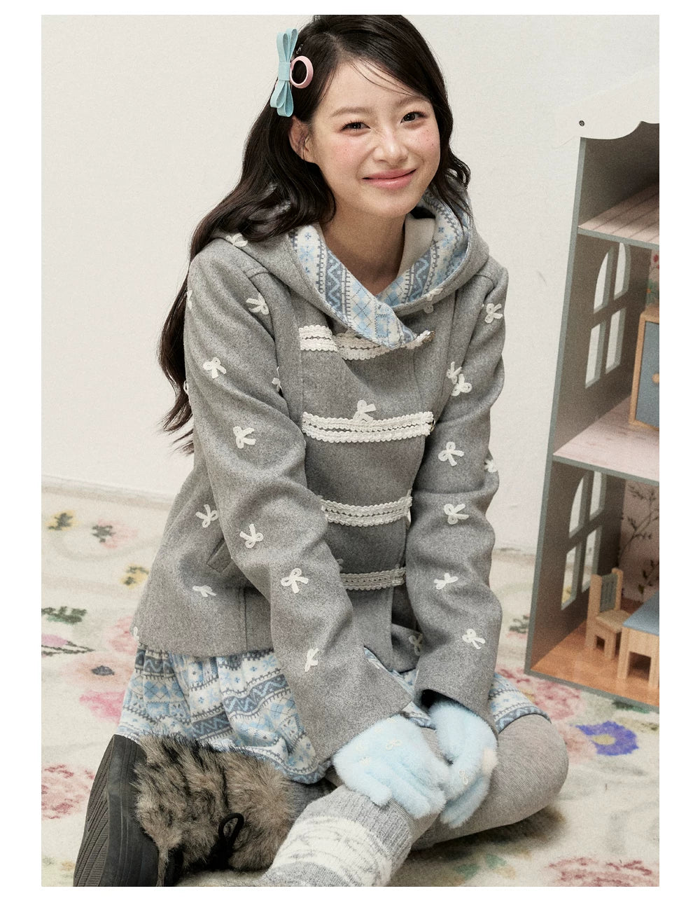[RF] Heather Gray Vintage Jacquard Hooded Jacket with Frost Mist Blue Details