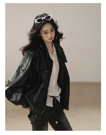 AOMALM - "Solo Journey" Quiet Black Oversized PU Moto Jacket