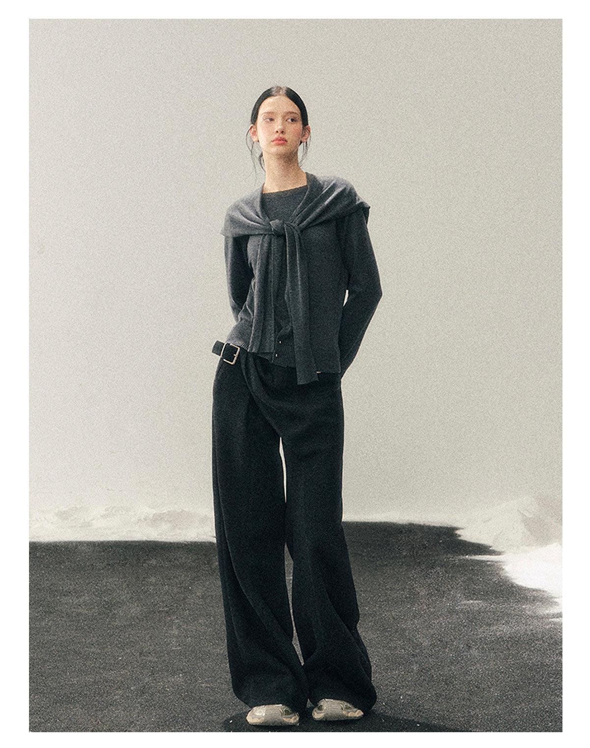 040126 "Orlane Academy" American Preppy Knit Top & Shawl Set - Paris Gray
