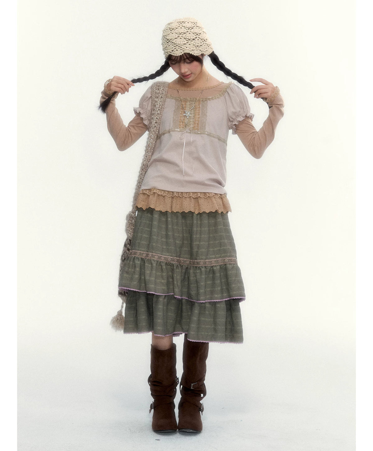 Dried Grass Green Vintage Lace Tiered A-Line Skirt