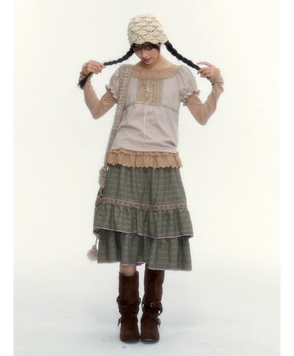 Dried Grass Green Vintage Lace Tiered A-Line Skirt