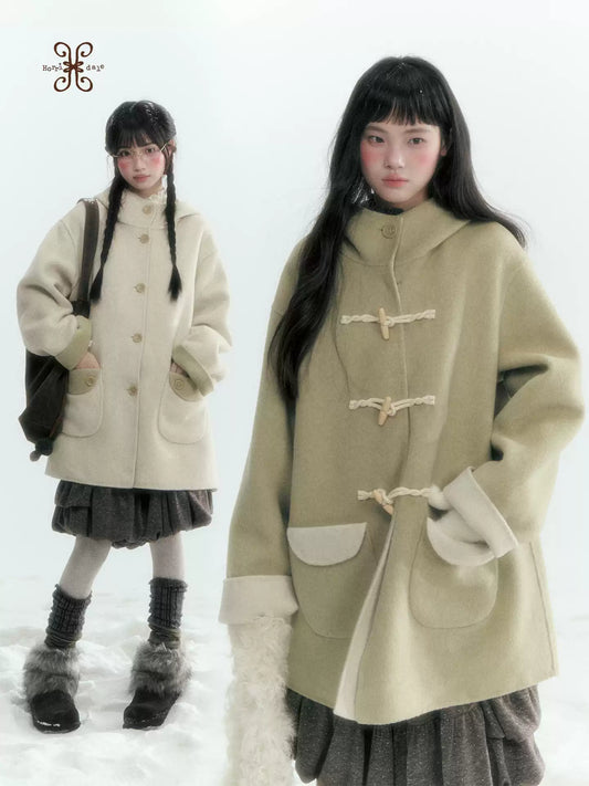 Horridale - Moss Green and Cream Reversible Hooded Wool Coat