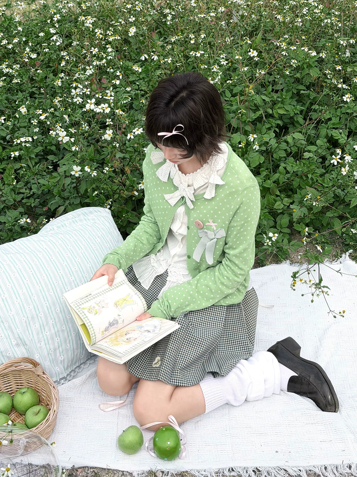 "Spring Jade" Green Polka Dot Collection (Green Knit Cardigan / White Blouse / Green Plaid Pleated Skirt)