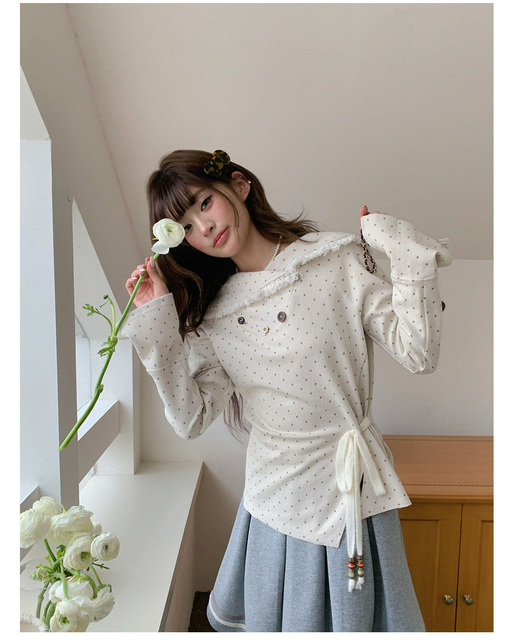 “Mocha Poetry Reverie” Ivory Polka Fringe Sweatshirt