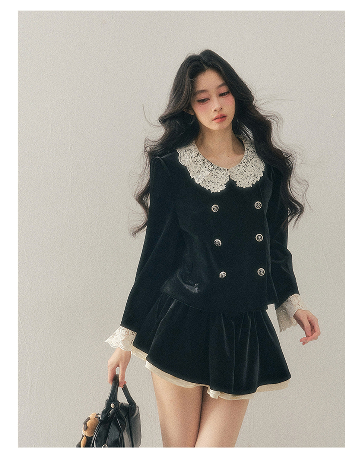 040126 "She Fades into Dusk" Velvet Lace Collar Two-Piece Set