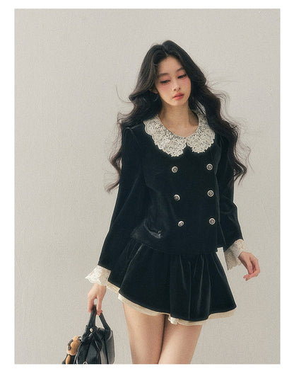 040126 "She Fades into Dusk" Velvet Lace Collar Two-Piece Set