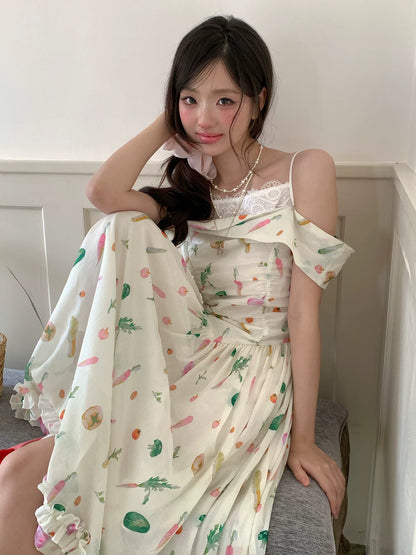 “Verdant Orchard Reverie” Beige Fruit Print Off-Shoulder Dress
