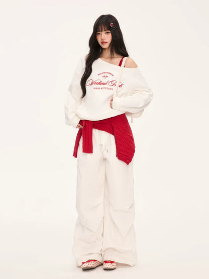 "Cloud Transit" White Layered Off-Shoulder Sweatshirt
