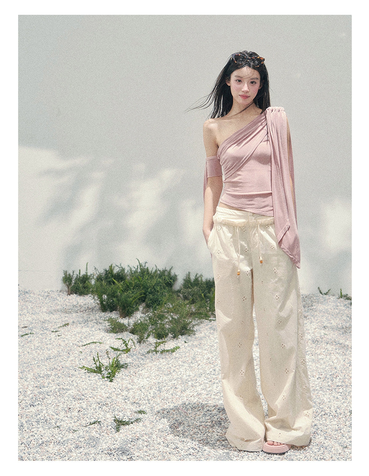 “Sunset Coral” Asymmetrical Ribbon Sleeve Crop Top