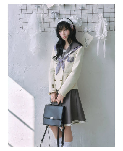 "Showa Era" Layered Uniform Collection (Collarless Blazer / Sailor Blouse / Uniform Skirt / Polka Dot Scarf)
