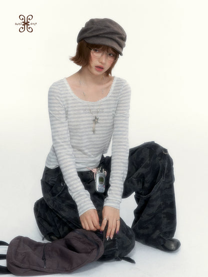 “Early Gray” Light Gray Striped Lace-Trimmed Fitted Long-Sleeve Top