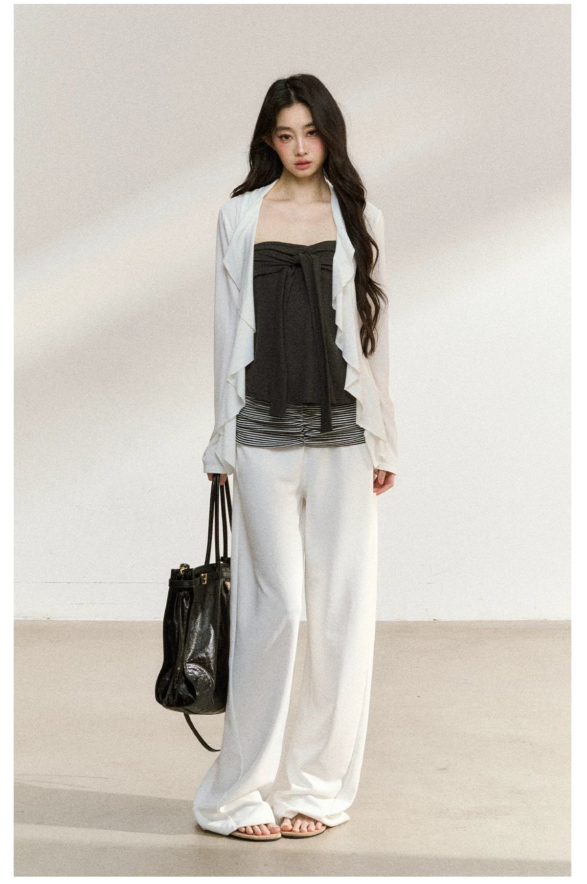 JN's DESIGN - White Ruffle Overshirt & Gray Cami Set